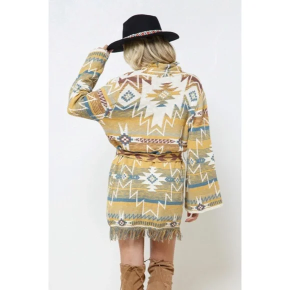 SOLD OUT Mustard Fringe Western Native Aztec Belted Tie Knit Cardigan Sweater - Picture 6 of 9